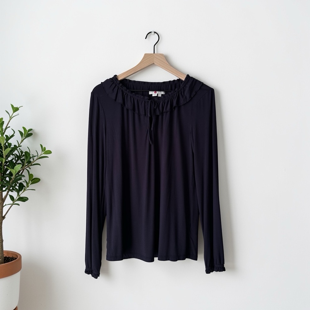 Boden Women's Blue Round Neck Ruffle Tie Neck Long Sleeve Blouse Size 6 - Picture 1 of 9